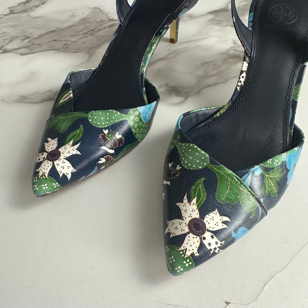 Tory Burch Nappa Leather Slingback Pointed Heels in Navy Wisteria Size 9 - Picture 9 of 14